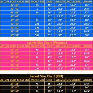 Puede incluir: Una tabla de tallas de chaqueta en tres partes con secciones azul, rosa y negra. Cada secci&oacute;n enumera el tama&ntilde;o real del pecho, la talla de la chaqueta, el pecho, las mangas, los hombros y la longitud en pulgadas para cada categor&iacute;a y talla.