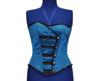 Corsé de satén azul sobre el busto: Top burlesco steampunk con varillas de acero