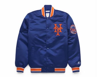 May include: A royal blue satin baseball jacket with orange and white trim. The jacket features the New York Mets logo on the chest and a team patch on the sleeve. The jacket has a button-up front and a classic bomber style.