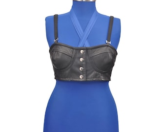 Genuine Leather Corset Top – Gothic Button-Front Bustier