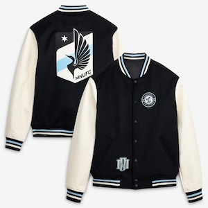 Minnesota United FC Varsityjacka | Lettermanjacka | Fotbollsbomberjacka | Svart & Krämfärgad