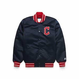 May include: Navy blue satin jacket with a red and white striped collar, cuffs, and hem. A large red letter "C" is embroidered on the left chest. The jacket has a snap-button closure and a Starter logo on the lower right.