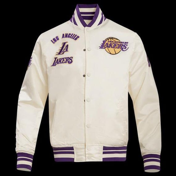 Los Angeles Lakers Satin Varsity Jacket Cream | Basketball Bomber Jacket | LA Lakers Fan Jacket