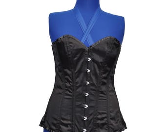 Schwarzes Satin Überbrust Korsett: Stahl Boned Gothic Burlesque Taille Cincher