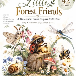 Ensemble d'illustrations d'insectes à l'aquarelle, insectes fantaisistes de la forêt, scènes de jardin (téléchargement numérique)
