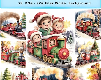 Christmas Train Clipart | Watercolor Holiday Express, Santa, Kids (PNG, SVG)