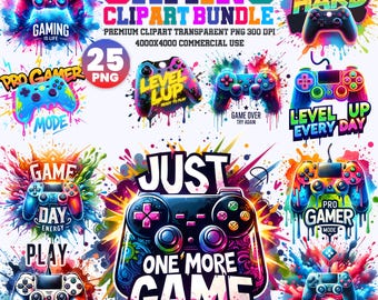 Gaming Clipart PNG Bundle, Gamer PNG, Game Controller Clipart PNG, Sublimation Design, T-Shirt Design, Digital Download, Commercial Use