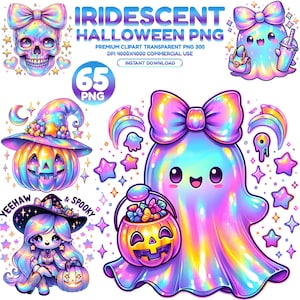May include: Digital illustration of iridescent Halloween graphics. The image includes a skull, a ghost, a pumpkin, and a witch, all in a rainbow colour scheme. Text reads "IRIDESCENT HALLOWEEN PNG" and "65 PNG".