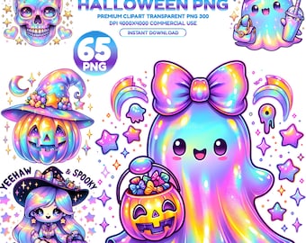 Iridescent Halloween Clipart PNG Bundle: Neon Ghost & Pumpkin Designs (Digital Download)