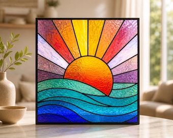 Patrón de vidriera "Amanecer en el océano", plantilla de atrapasueños "Ola de rayos de sol", descarga digital "Amanecer sobre el mar", manualidad de vidrieras para principiantes