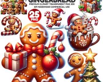 Christmas Gingerbread Clipart PNG Bundle, 25 Holiday Cookie Candy Cane Cocoa Tree Sublimation Designs, Cute Xmas Graphics, Digital Download