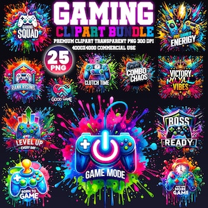 Può includere: Un vivace pacchetto di arte digitale a tema gaming. L'immagine presenta diversi design colorati con controller di gioco, testo come "Gaming Clipart Bundle" e frasi come "Game Mode" e "Level Up". I design sono su uno sfondo scuro.