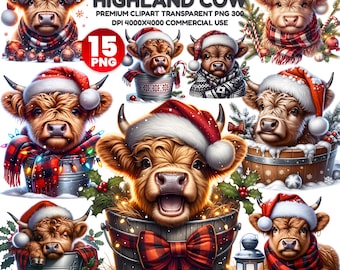 15 Christmas Highland Cow Clipart PNG Bundle, Christmas PNG, Highland Cow PNG, Baby Highland Cow Png, Christmas Clipart, Digital Download