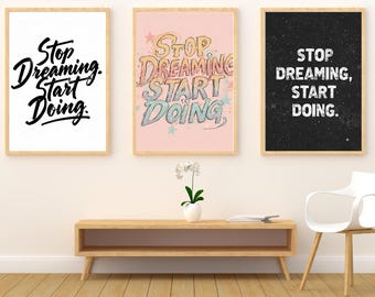 Stop Dreaming Strat Doing of 3 set, Mental Health Poster, Progress Quote, Motivational Office Decor, School Counselor, Coffee Art