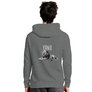 May include: A grey hoodie with a grayscale illustration of a lion and the word "YHWH" above it. The hoodie has a drawstring hood and a kangaroo pocket.