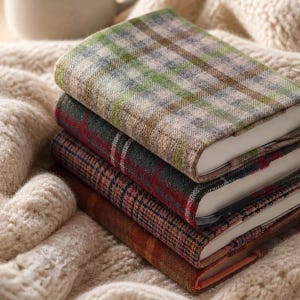 May include: A stack of four rectangular books, each covered in a different textured fabric featuring plaid and checkered patterns in shades of green, brown, red, and tan. The books are stacked neatly, showing the fabric-wrapped covers and white pages.