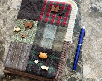 Patchwork Wool Notebook A5 Book Sleeve, Cozy Cottagecore Travel Journal, Luxury Keepsake Gift