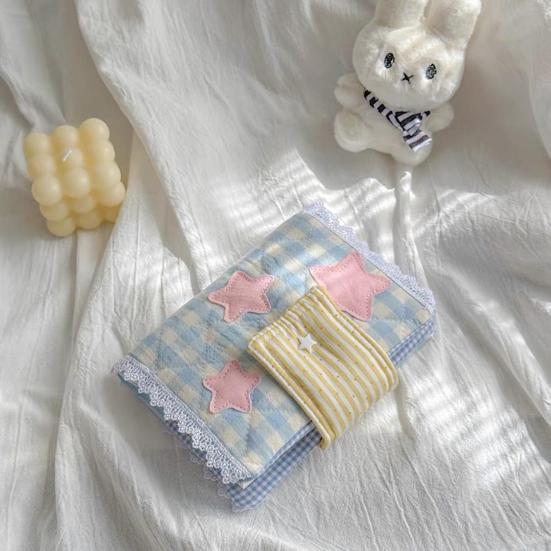 Blue Gingham Star Quilted Book Sleeve, A5 A6 Journal Cover, Lace Trim ...
