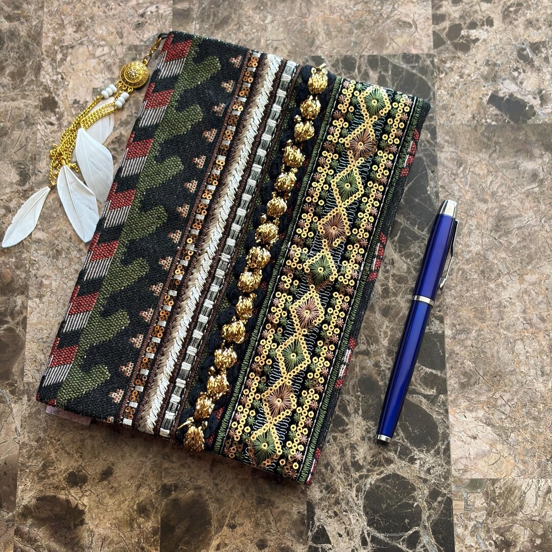 Boho Embroidered Notebook A5 Book Sleeve, Tribal Sequin Tapestry Travel ...