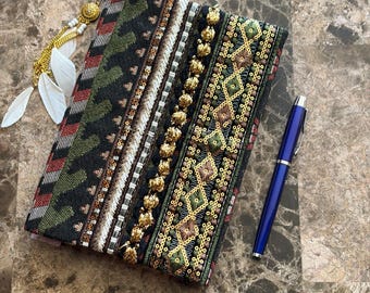 Boho Embroidered Notebook A5 Book Sleeve, Tribal Sequin Tapestry Travel Journal, Refillable