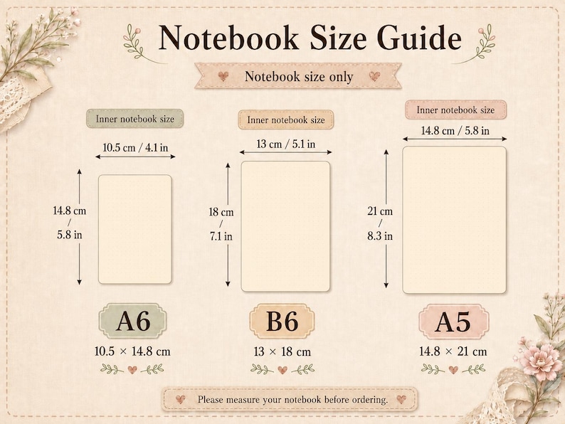 May include: A beige notebook size guide chart displaying three rectangular shapes labeled A6, B6, and A5. Dimensions are provided in both centimeters and inches for each size, with text reading Notebook Size Guide and Please measure your notebook before ordering.