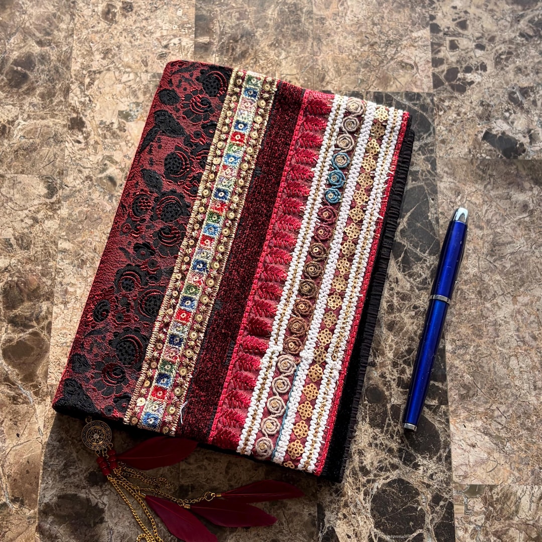 Boho Embroidered Notebook A5 Book Sleeve, Tribal Sequin Tapestry Travel ...