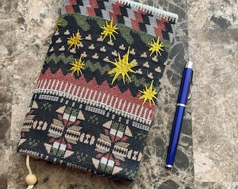 Nordic Star Tapestry Notebook Book Sleeve, Embroidered Boho Travel Journal, Celestial Keepsake Graduation Gift
