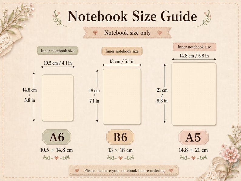 May include: A beige notebook size guide chart featuring three rectangular outlines labeled A6, B6, and A5. The chart displays dimensions in centimeters and inches for each size, including 10.5 x 14.8 cm (4.1 x 5.8 in), 13 x 18 cm (5.1 x 7.1 in), and 14.8 x 21 cm (5.8 x 8.3 in).