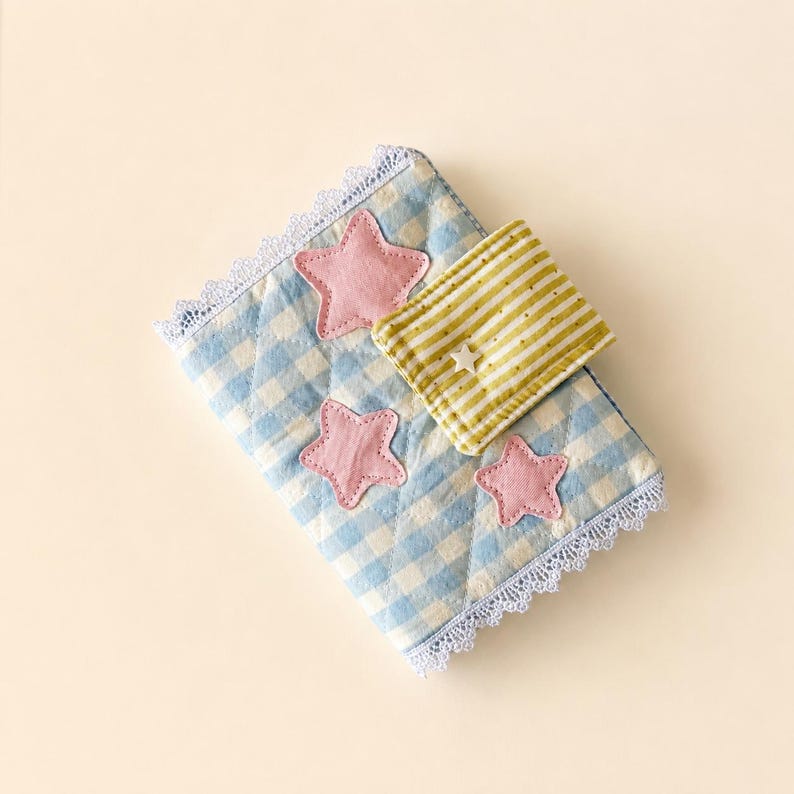Blue Gingham Star Quilted Book Sleeve, A5 A6 Journal Cover, Lace Trim ...