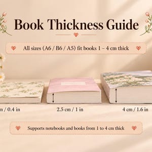 May include: A Book Thickness Guide infographic displaying three books with varying thicknesses of 1 cm (0.4 in), 2.5 cm (1 in), and 4 cm (1.6 in). The text states that all sizes fit books 1 to 4 cm thick and supports notebooks and books.