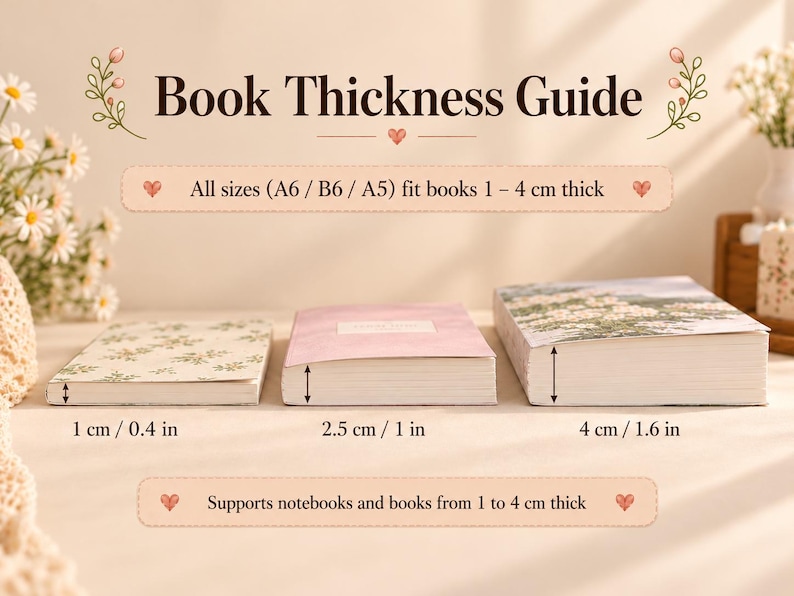 May include: A Book Thickness Guide infographic displaying three books with varying thicknesses of 1 cm (0.4 in), 2.5 cm (1 in), and 4 cm (1.6 in). The text states that all sizes fit books 1 to 4 cm thick and supports notebooks and books.