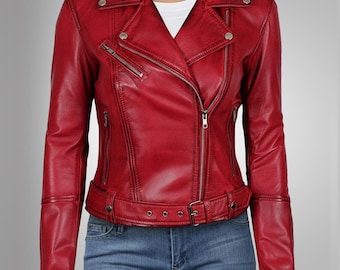 Chaqueta de cuero roja hecha a mano para mujer: estilo motero y motociclista