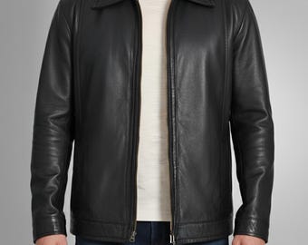 Schwarze Echtlederjacke für Herren: Klassisches Halsband, für jeden Tag