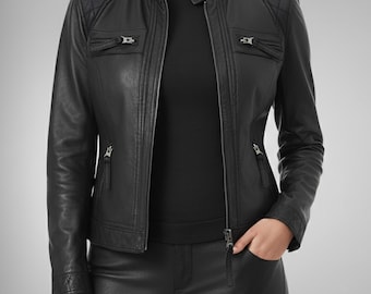 Women's Lambskin Cafe Racer Jacket: Black Quilted Leather, Handmade