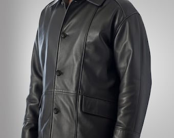 Mens Black Leather Car Coat: Four-Button Front