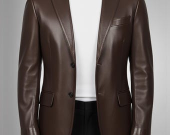 Mens Handmade Dark Brown Leather Blazer: Genuine Classic Fit Coat
