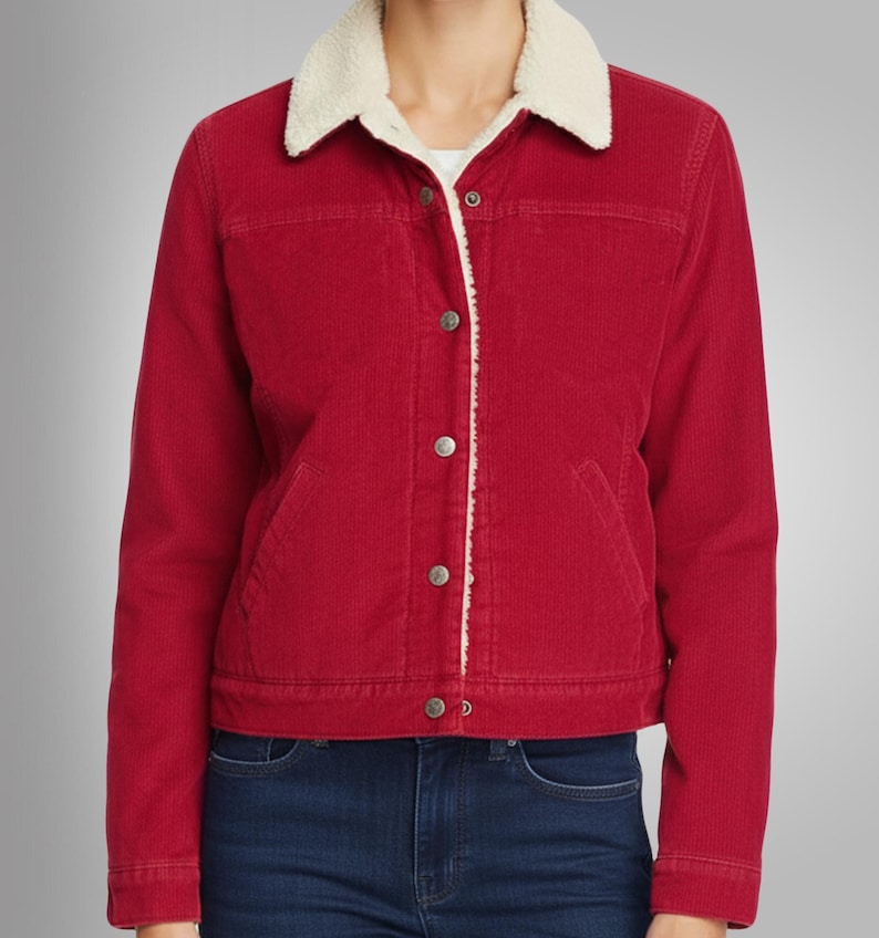 May include: A red corduroy jacket with a cream-colored, sherpa-lined collar. The jacket has a button-up front, two chest pockets, and long sleeves. The model is wearing blue jeans. The jacket is a classic style.