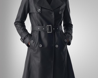 Womens Genuine Leather Long Trench Coat, Belted Black