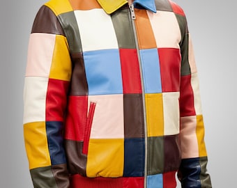 Patchwork Lederjacke für Herren, Luxusjacke: Multicolor Biker Retro Style