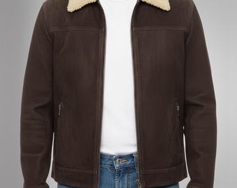 Rick Brown Leather Jacket: Collar Fur Style Suede Jacket
