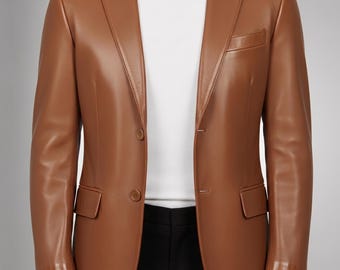 Mens Handmade Tan colored Leather Blazer: Genuine Classic Fit Coat