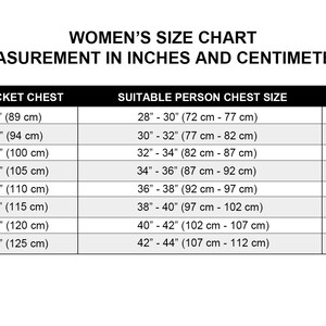 May include: A size chart for women's jackets, with measurements in inches and centimeters. Sizes range from XXS-Small (35" jacket chest) to XXX-Large (49" jacket chest). Includes suitable person chest size and sleeve length measurements.