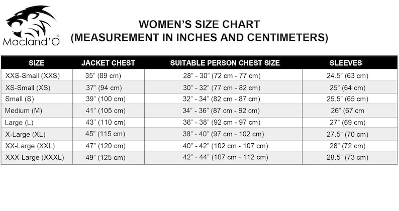 May include: A size chart for women's jackets, with measurements in inches and centimeters. Sizes range from XXS-Small (35" jacket chest) to XXX-Large (49" jacket chest). Includes suitable person chest size and sleeve length measurements.