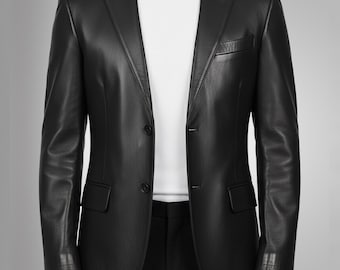 Mens Handmade Black Leather Blazer: Genuine Classic Fit Coat