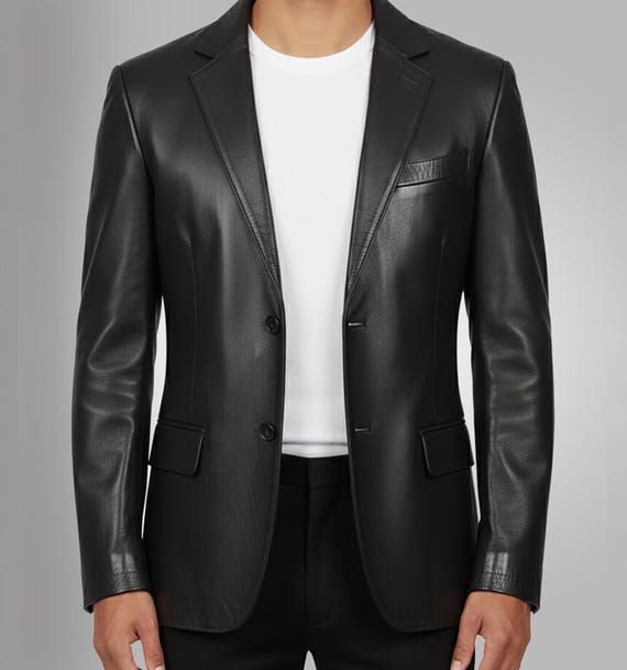 Mens Handmade Black Leather Blazer: Genuine Classic Fit Coat