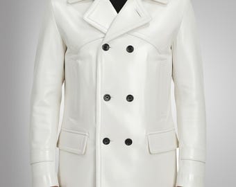 May include: A white leather peacoat with a double-breasted closure and black buttons. The coat features a notched collar, two front pockets, and a tailored fit. The sleeves have buttoned cuffs. A classic outerwear piece.
