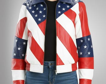 Womens American Flag Leather Biker Jacket, Moto Style