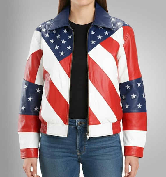 Womens American Flag Leather Biker Jacket, Moto Style - Etsy display picture 1