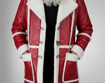 Handgemaakte rode leren kerstmanjas - rand van imitatiebont - Simmons-stijl