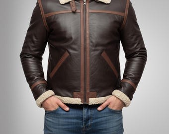 Brown Shearling Leather Jacket, Bomber Style: Handmade Real Leather